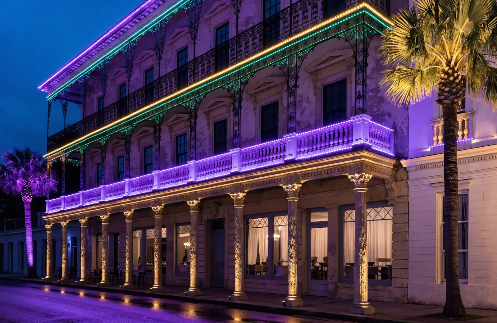 Historic Gulf Coast building with wrought-iron balconies lit in purple, green and gold for Mardi Gras